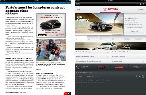 A spot ad for Toyota in SN, linking to an iPad-ready web page