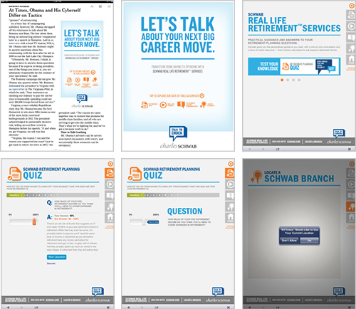 A storyboard, with a Times page leading to a full-page for Schwab that is linked to financial advice mini app. 